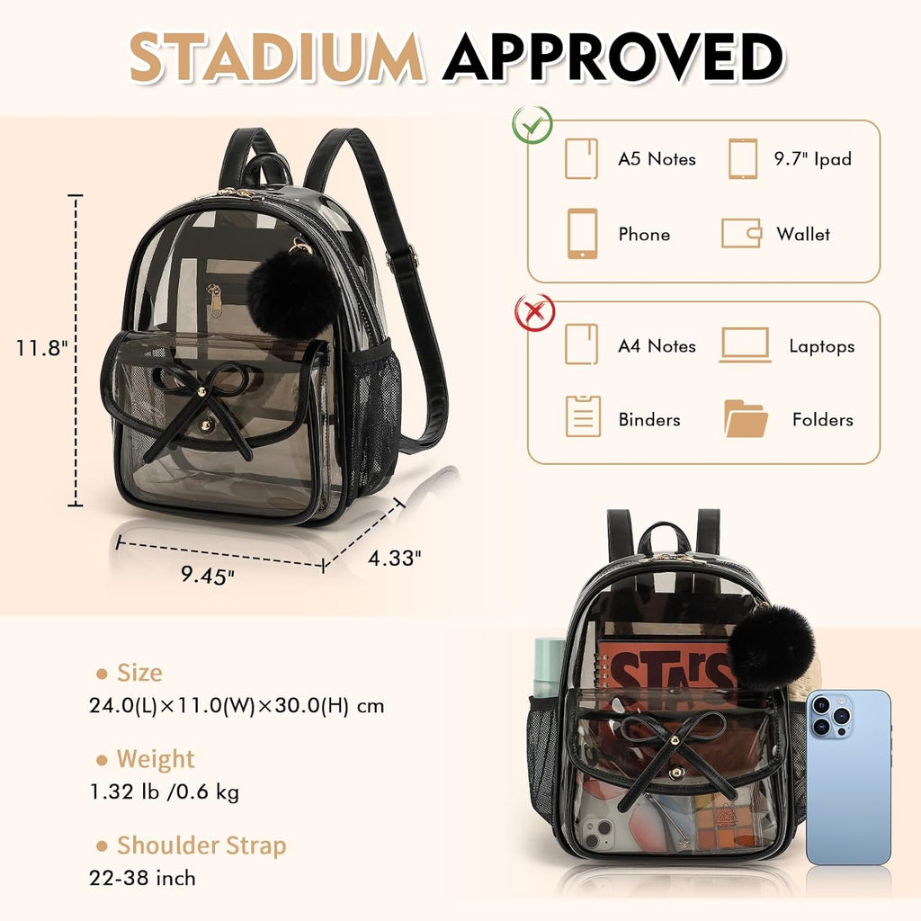 Skiennix Clear Stadium Backpack - Durable PVC Small Bag with Leather Trim | 12x12x6 Inches