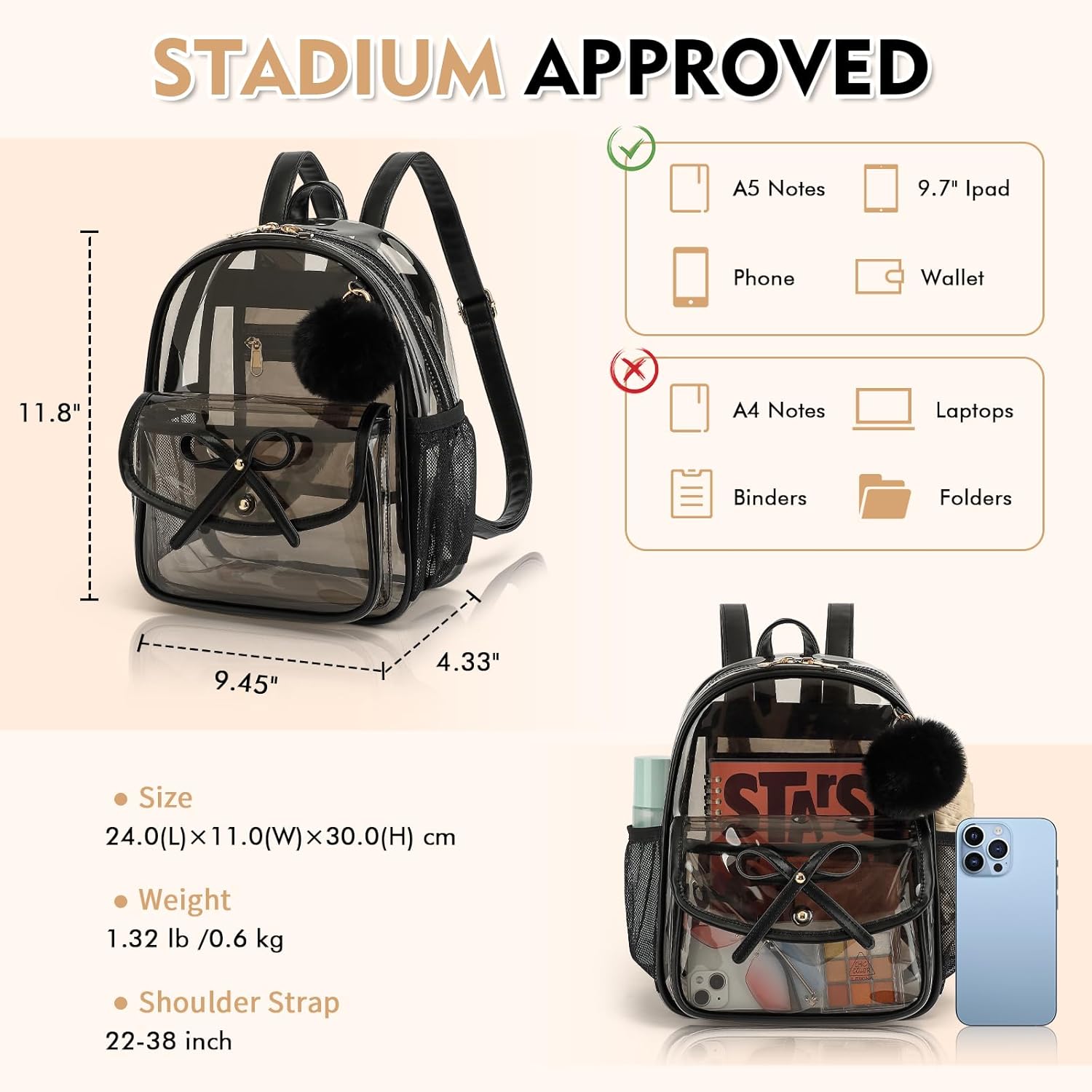 Skiennix Clear Stadium Backpack - Durable PVC Small Bag with Leather Trim | 12x12x6 Inches