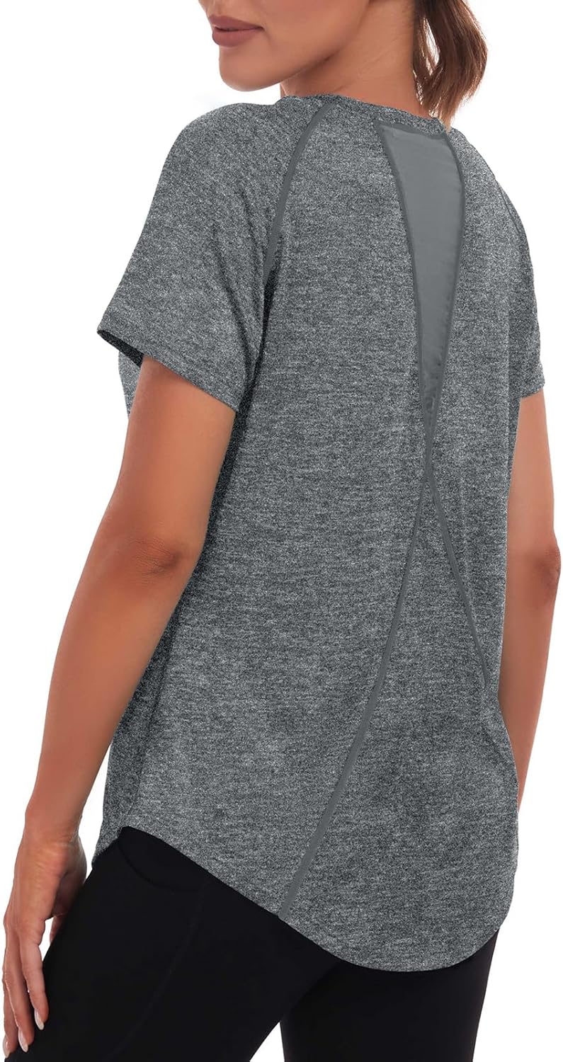 Skiennix Women's Dry-Fit Workout Top - Short Sleeve Mesh Open Back Gym Tee | Loose Fit Exercise Shirt