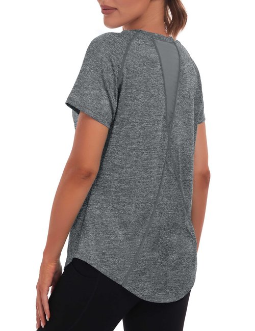 Beuwltpa Women's Long Workout Tops,Short Sleeve Dry-Fit Mesh Open Back Loose Fit Gym Athletic Running Shirts Exercise Tee Grey