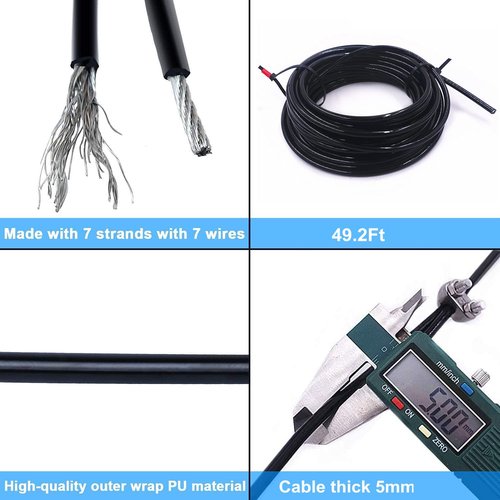 Gym Cable Replacement 49Ft Heavy Duty 5mm Steel Wire Rope for Home Gym DIY Cable Pulley Machine System Workout Exercise Equipment