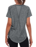 Beuwltpa Women's Long Workout Tops,Short Sleeve Dry-Fit Mesh Open Back Loose Fit Gym Athletic Running Shirts Exercise Tee Grey