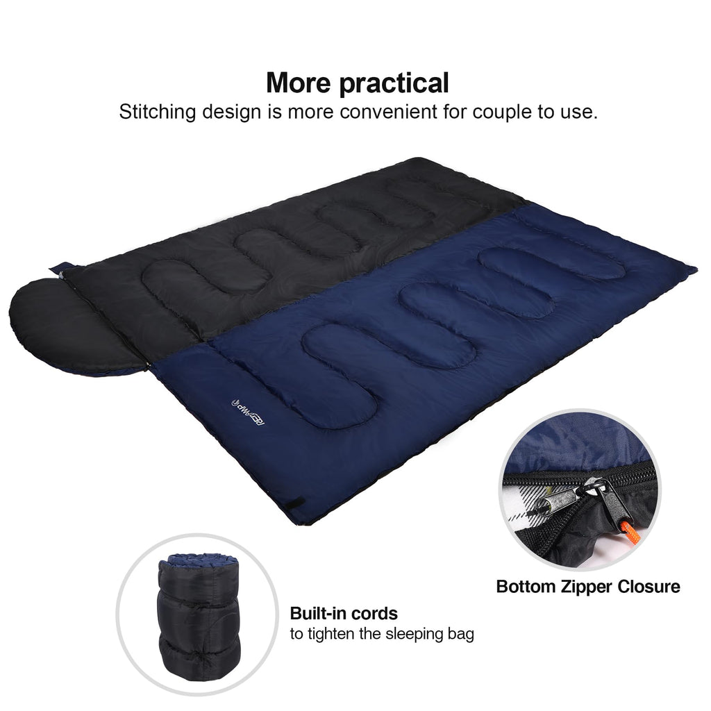 REDCAMP Cotton Flannel Heated Sleeping Bag for Adults, Large Cotton Sleeping Bags for Camping with Hood, Blue Plaid with 4lbs Filling