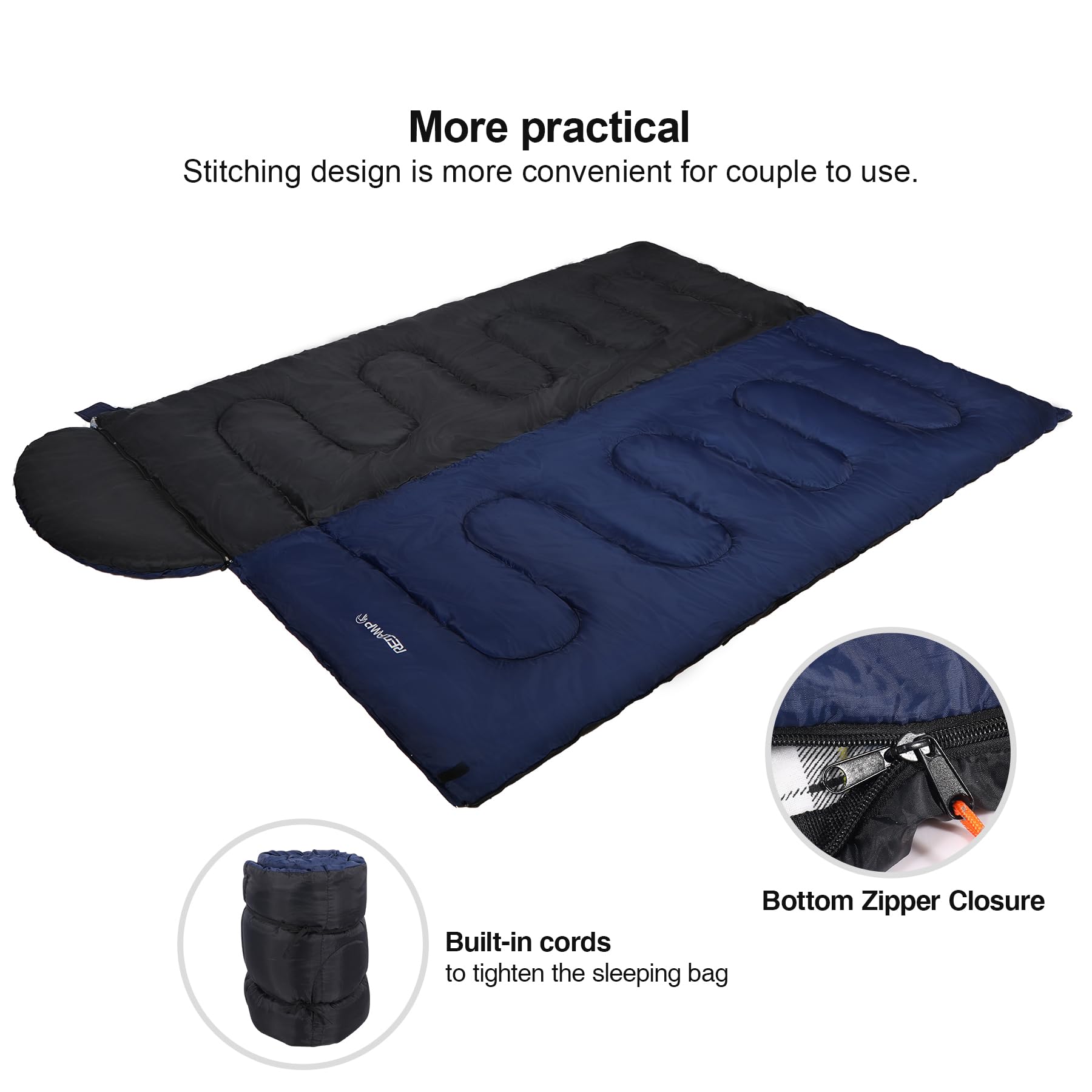 REDCAMP Cotton Flannel Heated Sleeping Bag for Adults, Large Cotton Sleeping Bags for Camping with Hood, Blue Plaid with 4lbs Filling