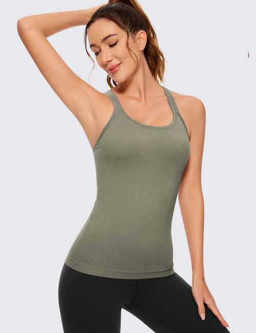 CRZ YOGA Seamless Ribbed Racerback Tank Top - Built-In Bra, Padded Scoop Neck, Slimming Fit