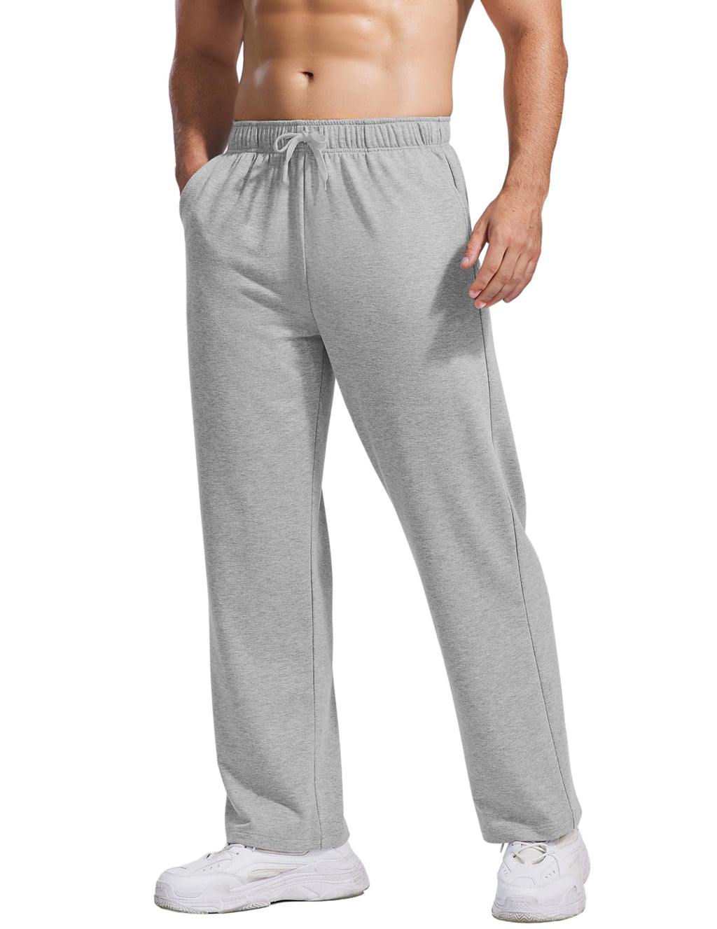 PINSPARK Men's Sweatpants with Pockets Open Bottom Jogger Sweatpants Uncuffed Lightweight Straight Leg Sweat Pants for Men Grey