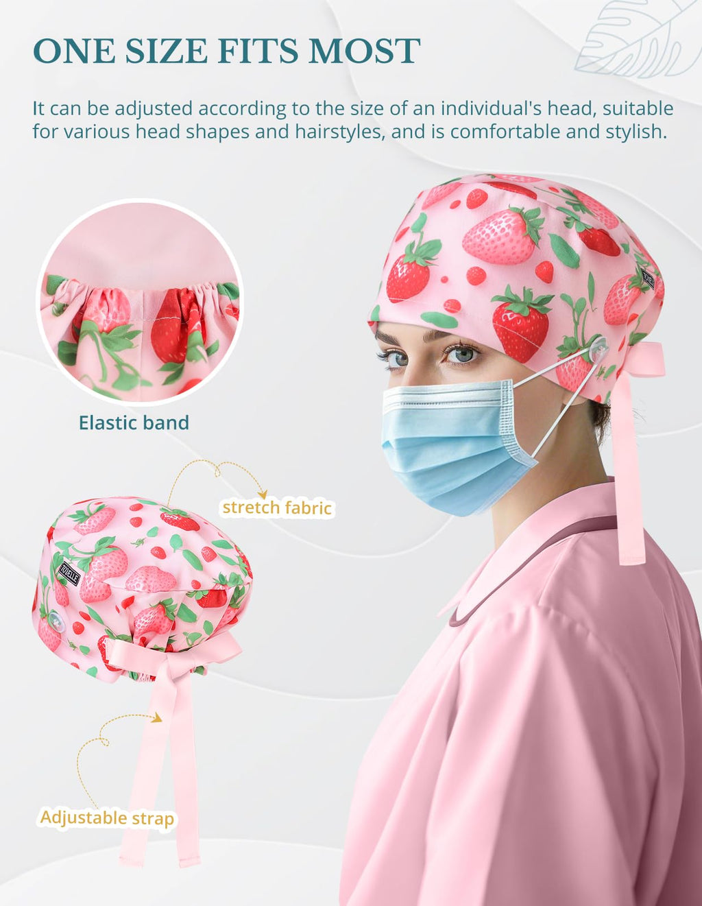 Strawberry Print Scrub Caps for Women with Buttons, Pink Surgical Tech Head Cover, Adjustable Euro Style Scrub Hat for Long or Short Hair