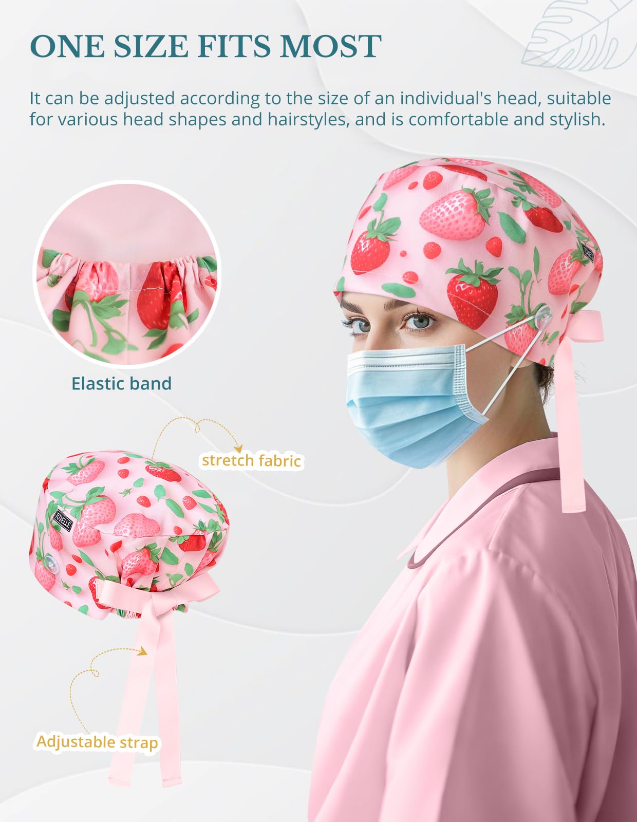 Strawberry Print Scrub Caps for Women with Buttons, Pink Surgical Tech Head Cover, Adjustable Euro Style Scrub Hat for Long or Short Hair
