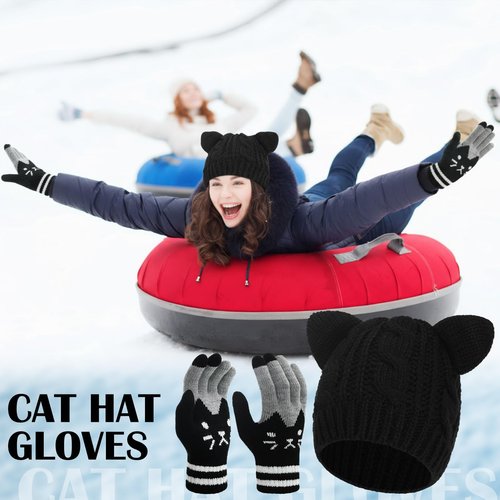 Ramede Women's Cute Cat Ears Beanie and Touchscreen Gloves Set, Double-layered Knitted Winter Hat Warm Woollike Crochet Ski Headgear and Knit Gloves New Year Anime Gifts for Women for Cold Weather