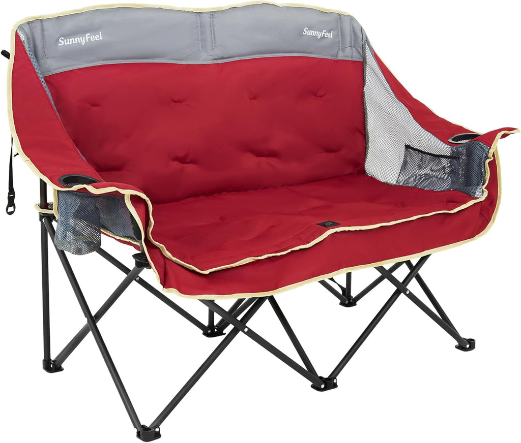 SUNNYFEEL Double Camping Chairs - Heavy Duty Padded Loveseat for 2 | 600lbs Capacity, Portable Red Outdoor Couch