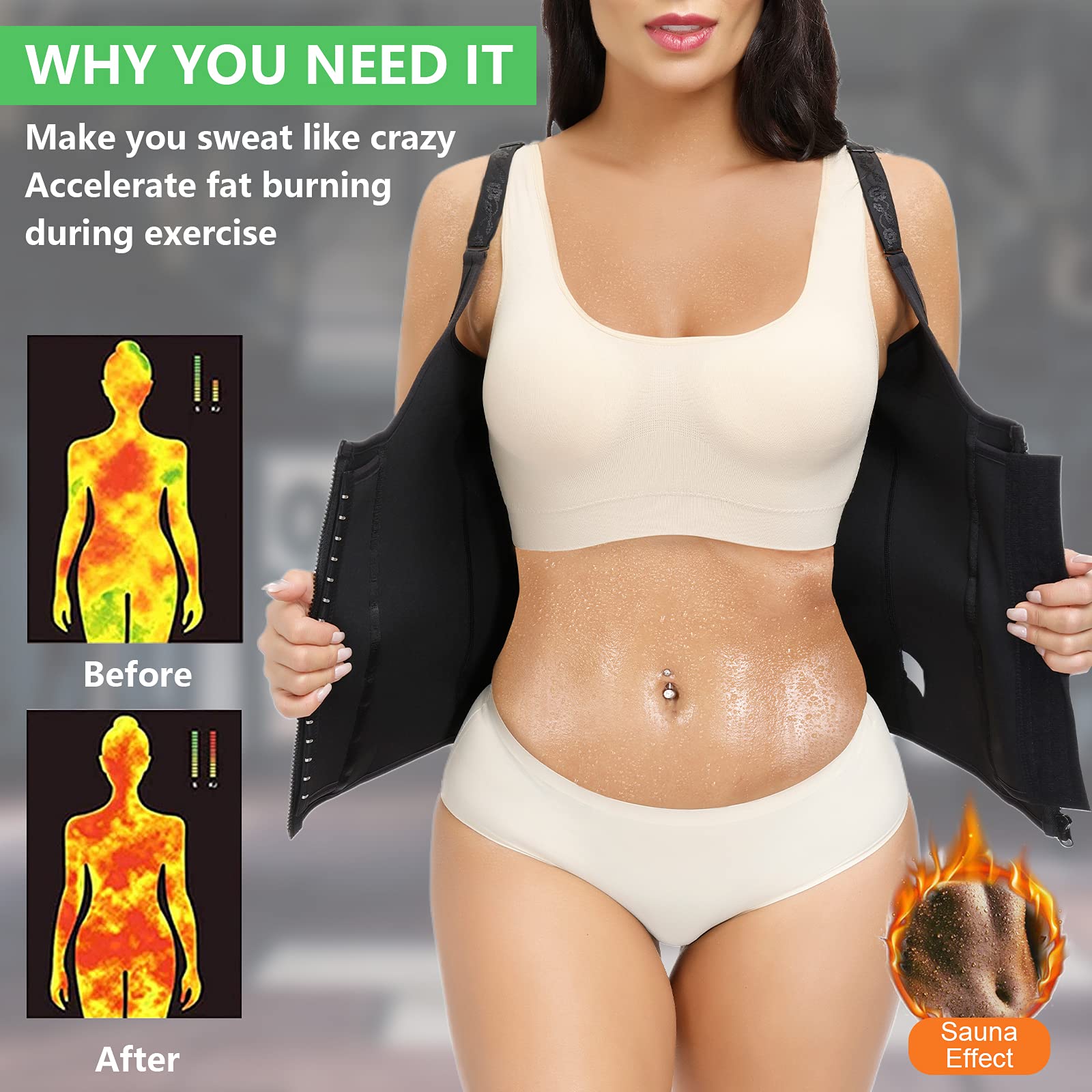 YADIFEN Waist Trainer Vest for Women,Zipper Corset Body Shaper for Tummy Control Neoprene Cincher Tank Top with Straps (Black-Fixed shoulder straps, L)