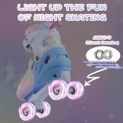 Kids Roller Skates, 4 Size Adjustable Quad Skates with All Light Up Wheels, 10C to 8 Rollerskates for Toddlers, Beginners, Boys, Girls, Outdoor, Indoor, Pink, Medium