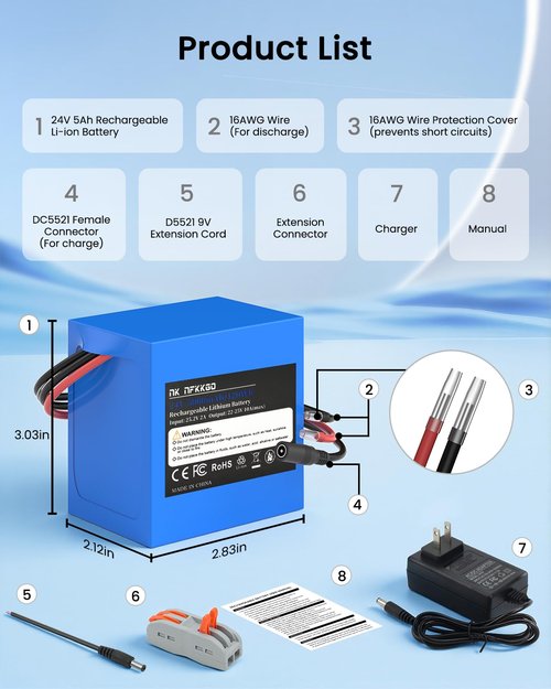 24V 5Ah Rechargeable Lithium Replacement Batteries & Battery Chargers with Battery Charger and Cable Connector for DIY Projects