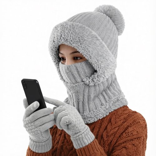 3-in-1 Women’s Winter Beanie Hat & Gloves Set, Knitted Beanie with Scarf Mask, Warm Fleece-Lined Ski Hat with Touchscreen Gloves Grey