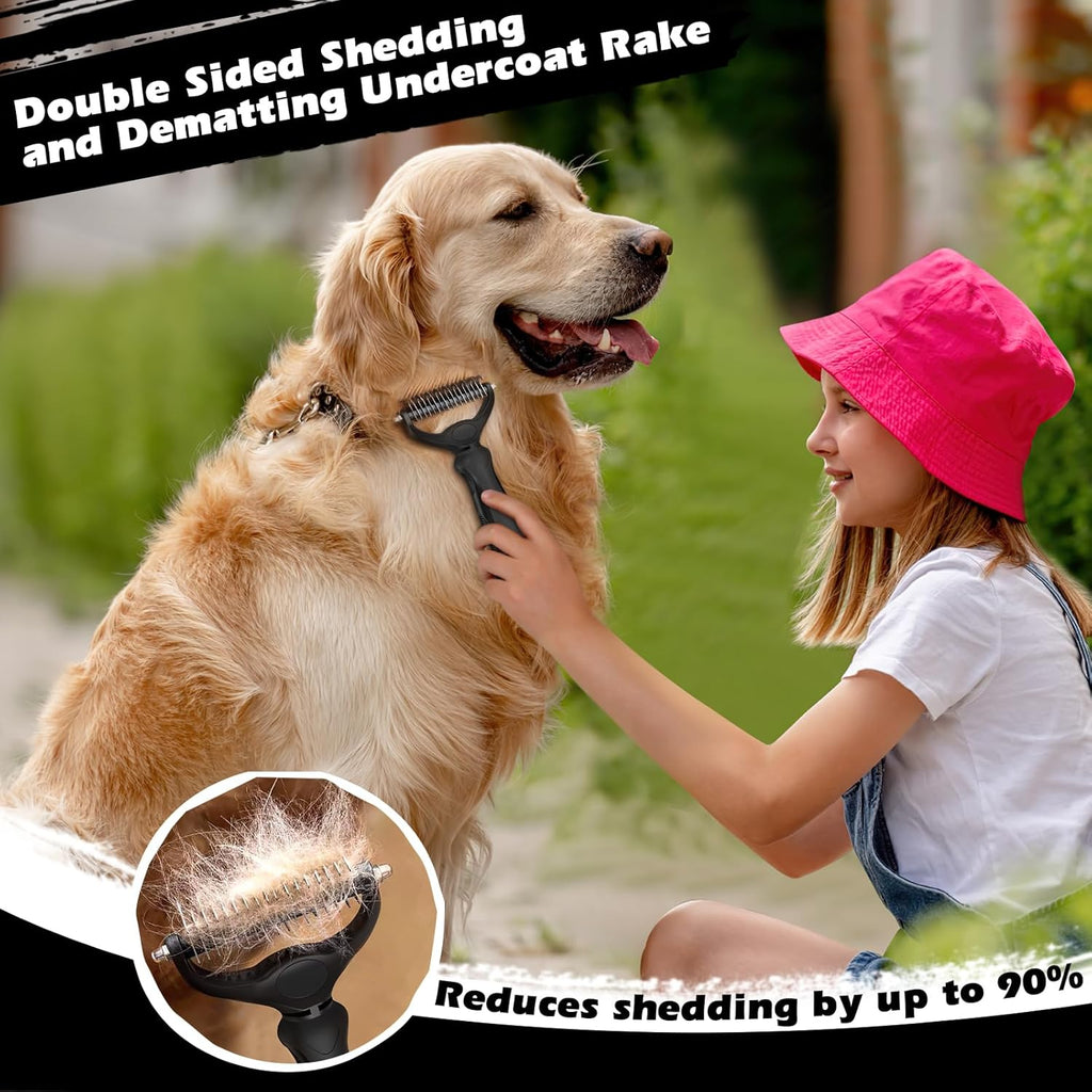 Skiennix 3PCS Pet Grooming Set - Self-Cleaning Slicker Brush, Rake & Flea Comb for Dogs, Cats & Horses | Black