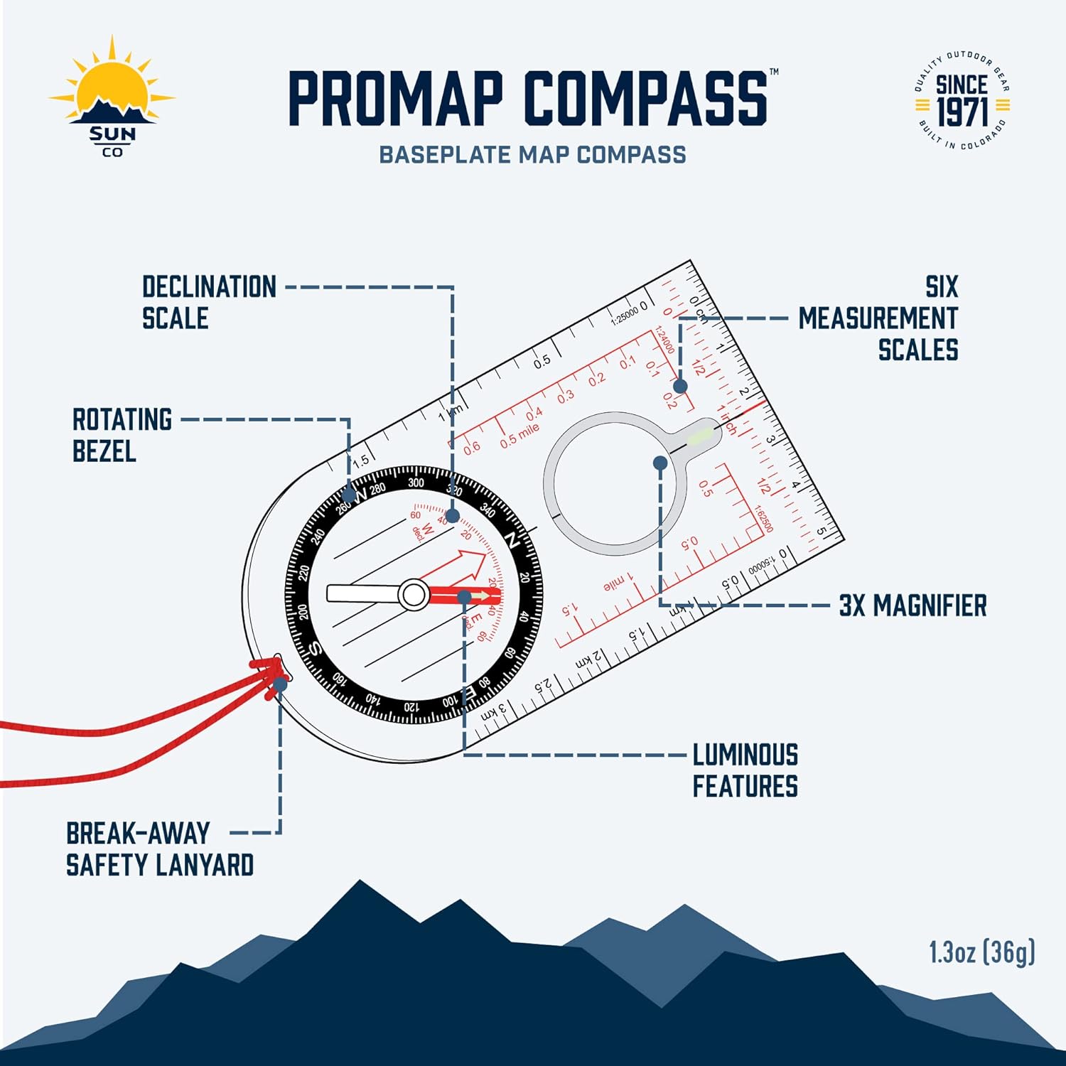 Sun Company ProMap - Ultra Lightweight Baseplate Compass with Declination Scale | Perfect for Hiking & Camping Navigation