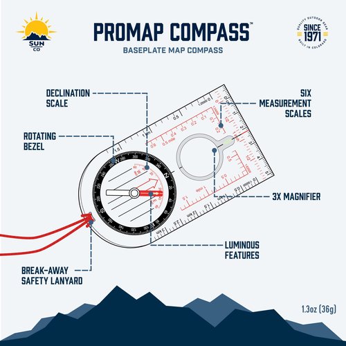 Sun Company ProMap - Ultra Lightweight Baseplate Map Compass with Declination Scale - Accurate Orienteering Compass for Hiking, Backpacking, Camping, and Survival Navigation