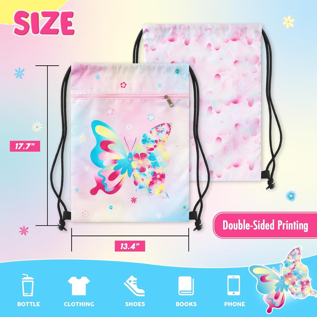 WAWSAM Butterfly Drawstring Backpack for Kids - Waterproof Sports Gym Bag | 13" x 18" Perfect for Beach & Travel