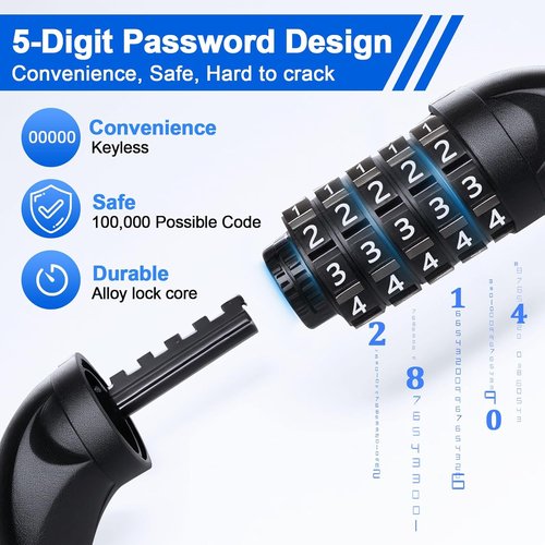 NDakter Heavy Duty Bike Lock - 5 Digit Combination Anti-Theft Chain Lock | 2.62-6Ft Length, High Security