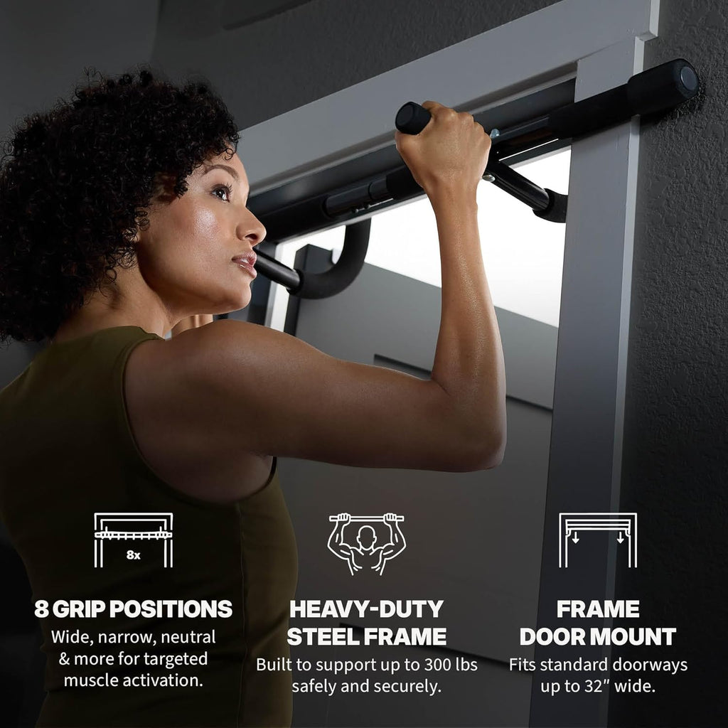 SPRI Pull Up Bar - Versatile 8-Grip & 12-Grip Door Frame Mount - Rugged Steel, Foam Handles - Supports 300 lbs, Fits Up to 32" Wide - Black