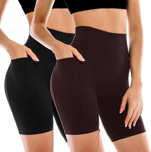 Leafigure Biker Shorts for Women - High Waisted with Pockets | 2 Pack Yoga & Workout Shorts