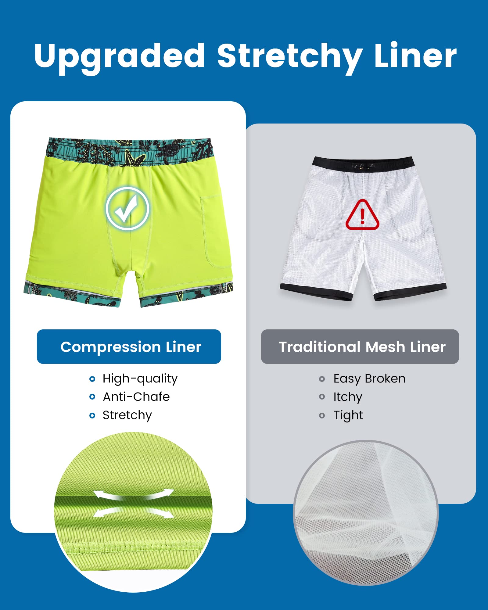 maamgic Mens Swim Trunks with Compression Liner 5 Inch, Quick Dry Bathing Suit with Zipper Pockets, Stretch No-Chafing Swim Shorts, Green-Sea World Large