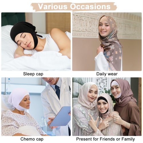 XEPST 3 PCS Hijab Undercap for Women, Islamic Muslim Full Cover Under Hijabcap Milk Silk Fabric Hijab Underscarf Solid Color Adjustable Tie Back Inner Head Scarf Turbans for Women Chemo Sleep Cap