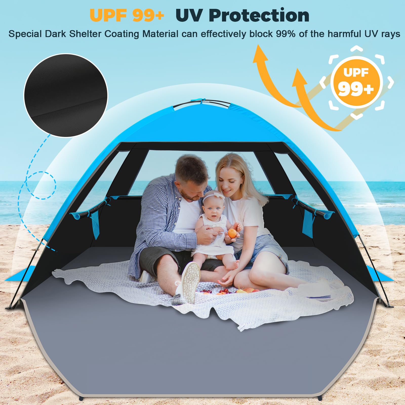 Venustas Beach Tent Sun Shelter for 3/4/6/8 Person, UPF 50+ UV Protection Beach Canopy, Lightweight and Easy Setup Cabana, Portable Beach Shade Tent