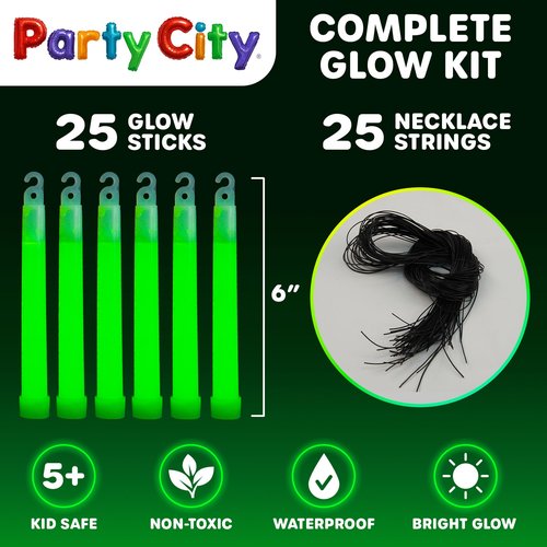 Party City Green Glow Sticks Bulk Pack 6”- 25pk Glow in the Dark Sticks for Kids, Waterproof Camping Survival Ultra Bright Emergency Light Stick with String, Neon Glowsticks Party Supplies Favors