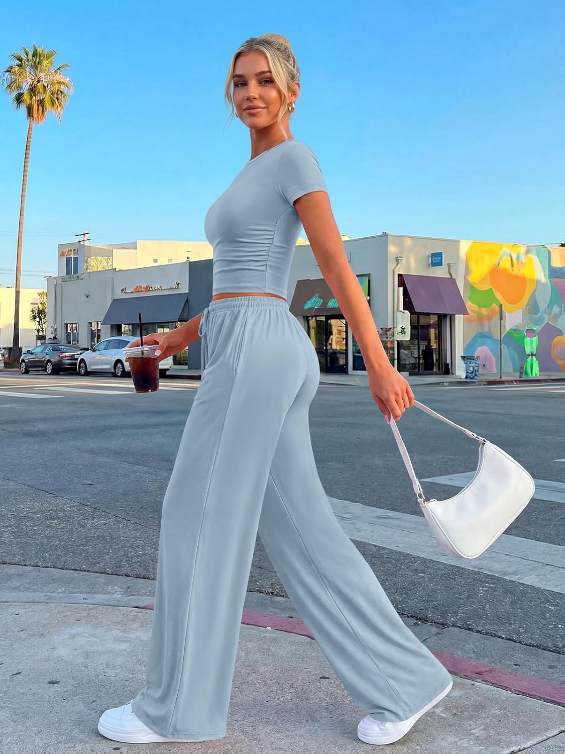 Trendy Queen 2 Piece Matching Summer Sweatsuit Lounge Set Womens Wide Leg Pants Side Ruching Crop Top Sets