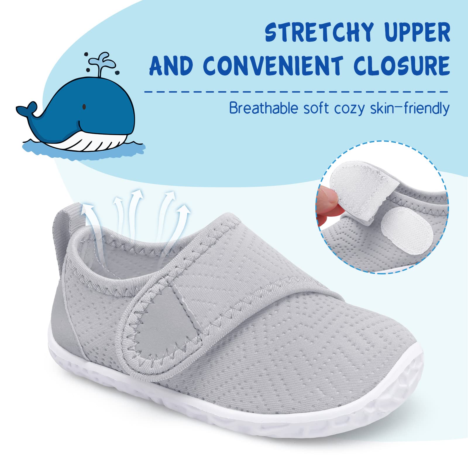 LeIsfIt Toddler Water Shoes Boys Girls Barefoot Aqua Socks Kids Breathable Quick-Dry Swim Shoes for Beach Pool Surf, Grey, 5 Toddler