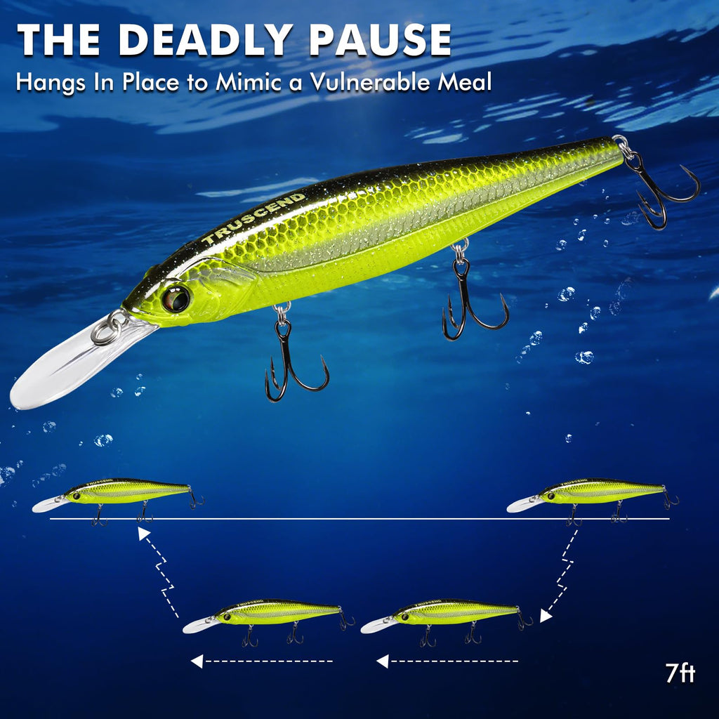 TRUSCEND Suspending Jerkbait Fishing Lures, Precision-Engineered Minnow with Sound, Flash & Irresistible Action, Cast Farther, Glow Brighter and Rattle Louder Jerkbaits for Bass Walleye Pike Catfish