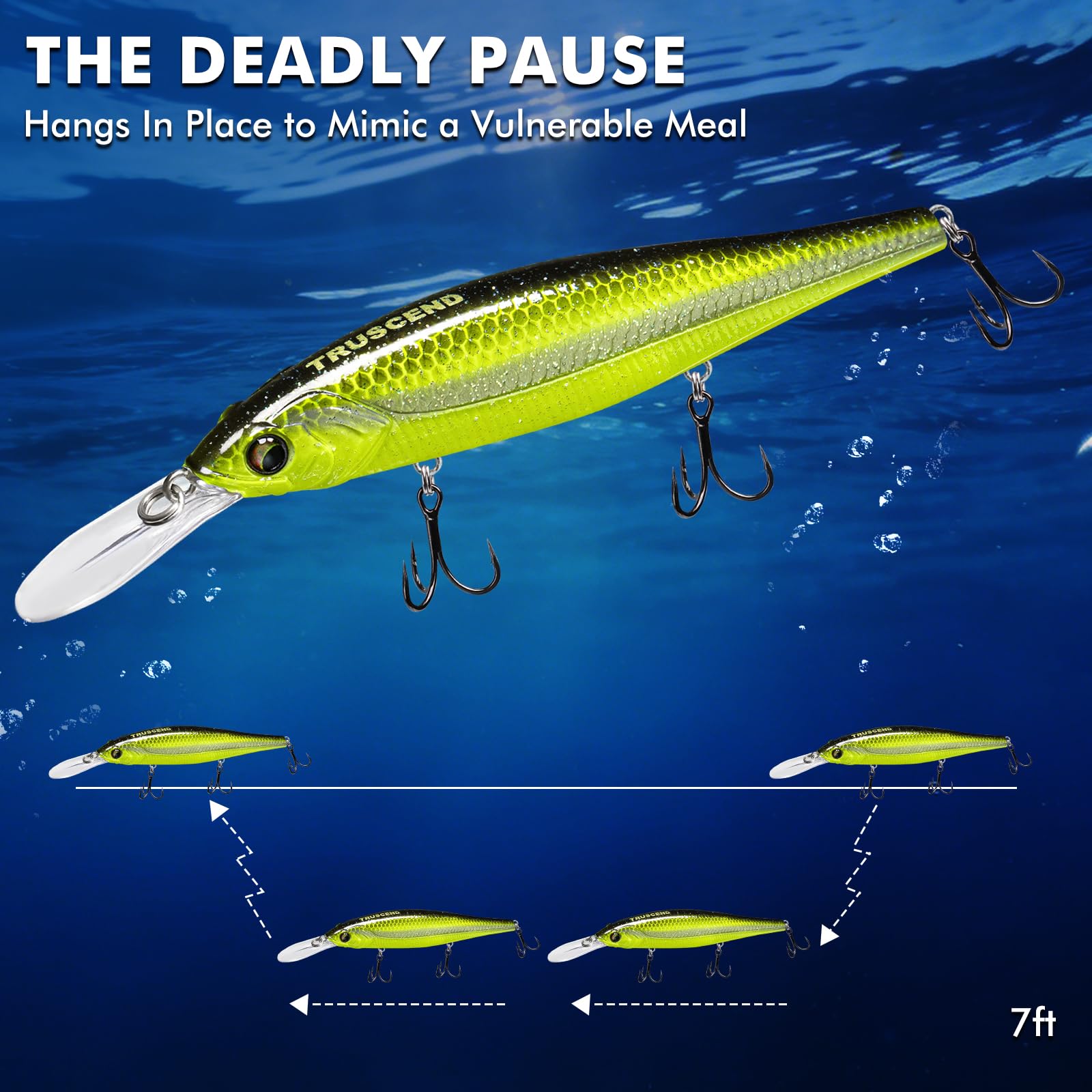 TRUSCEND Suspending Jerkbait Fishing Lures, Precision-Engineered Minnow with Sound, Flash & Irresistible Action, Cast Farther, Glow Brighter and Rattle Louder Jerkbaits for Bass Walleye Pike Catfish