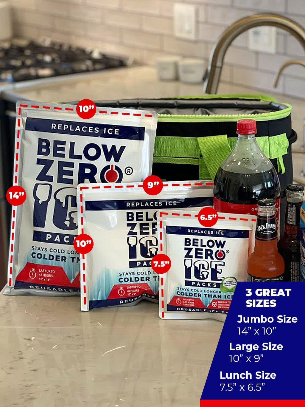 Below Zero Large Reusable Ice Packs for Coolers – Long Lasting Cooler Ice Pack Blocks, Leak-Proof Freezer Packs for Camping, Lunch Boxes & Travel – Large 14”x10” (3-Pack)