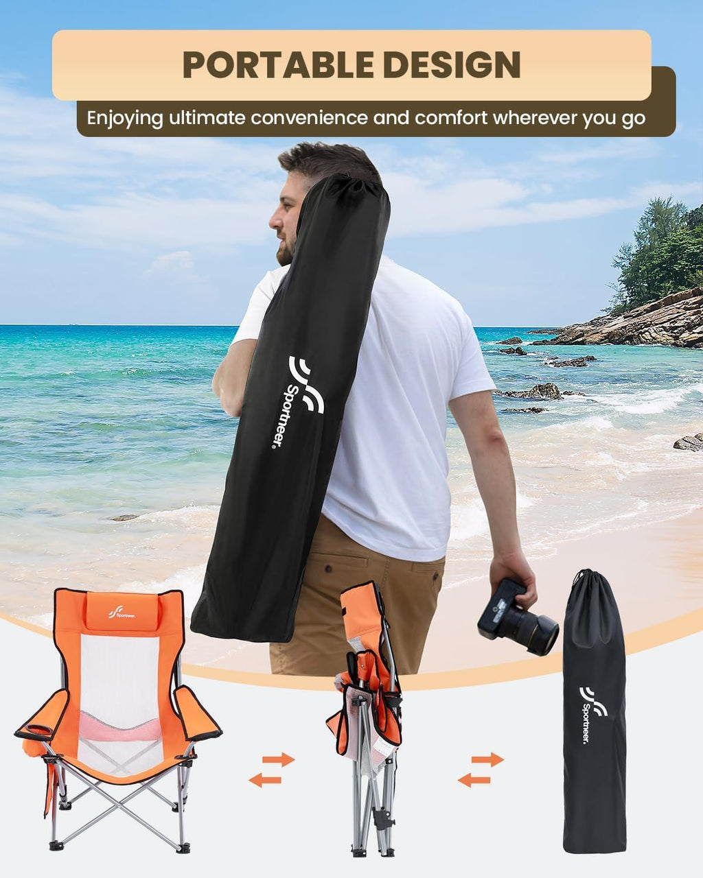 Sportneer Portable Beach Chair - Reclining Position with Cup Holder & Side Pocket | Compact Folding Design for Camping & Festivals