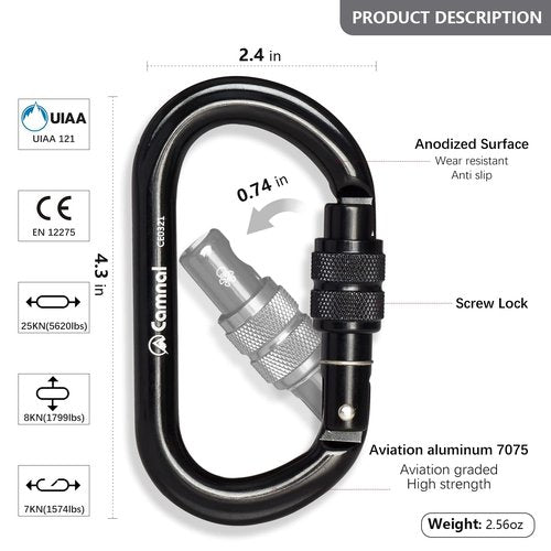 CAMNAL Screwgate Locking Climbing Carabiner Clips, Heavy Duty Carabiners UIAA Certified 25KN, Rock Climbing Carabiner Screw Lock for Rock Climbing, Mountaineer, Hammock, Rappelling, Outdoor Equipment