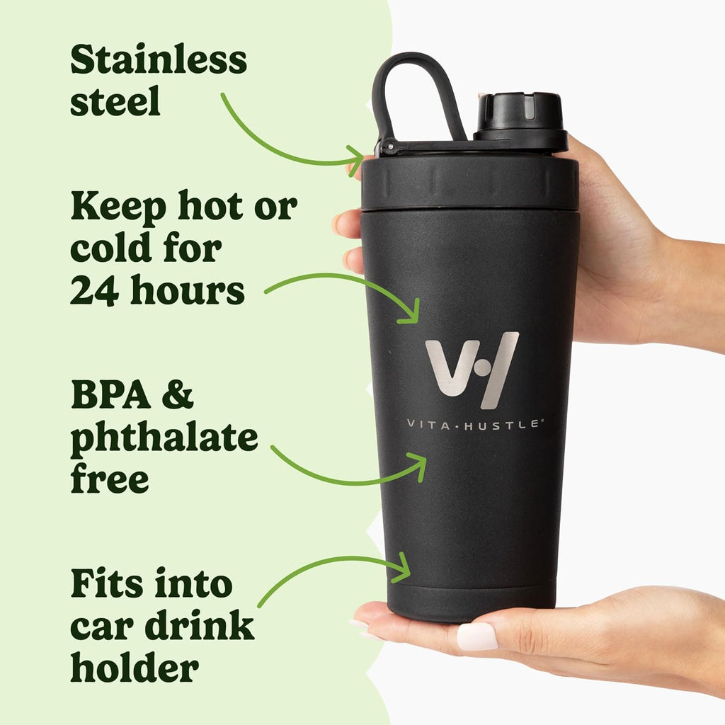 VitaHustle Stainless Steel Shaker Cup with Twist Cap, Leakproof, Blender Ball, Perfect for Protein Shakes or Post Workout, Fits Car Cup Holder, BPA Free, 20 oz (Black)