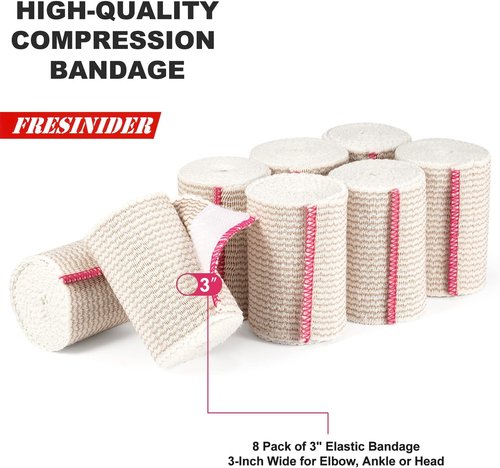 FRESINIDER Premium Elastic Bandage Wrap - 3" Cotton Latex-Free Compression | 8 Pack for Sports & Injury Recovery
