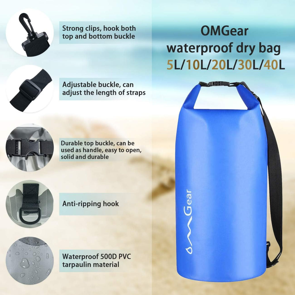 OMGear Waterproof Dry Bag Backpack - Floating Phone Pouch for Kayaking & Outdoor Activities | 40L/30L/20L/10L/5L