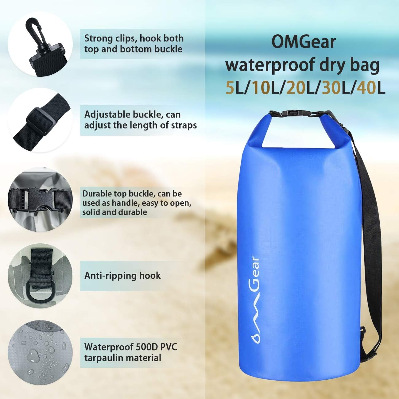 OMGear Waterproof Dry Bag Backpack - Floating Phone Pouch for Kayaking & Outdoor Activities | 40L/30L/20L/10L/5L