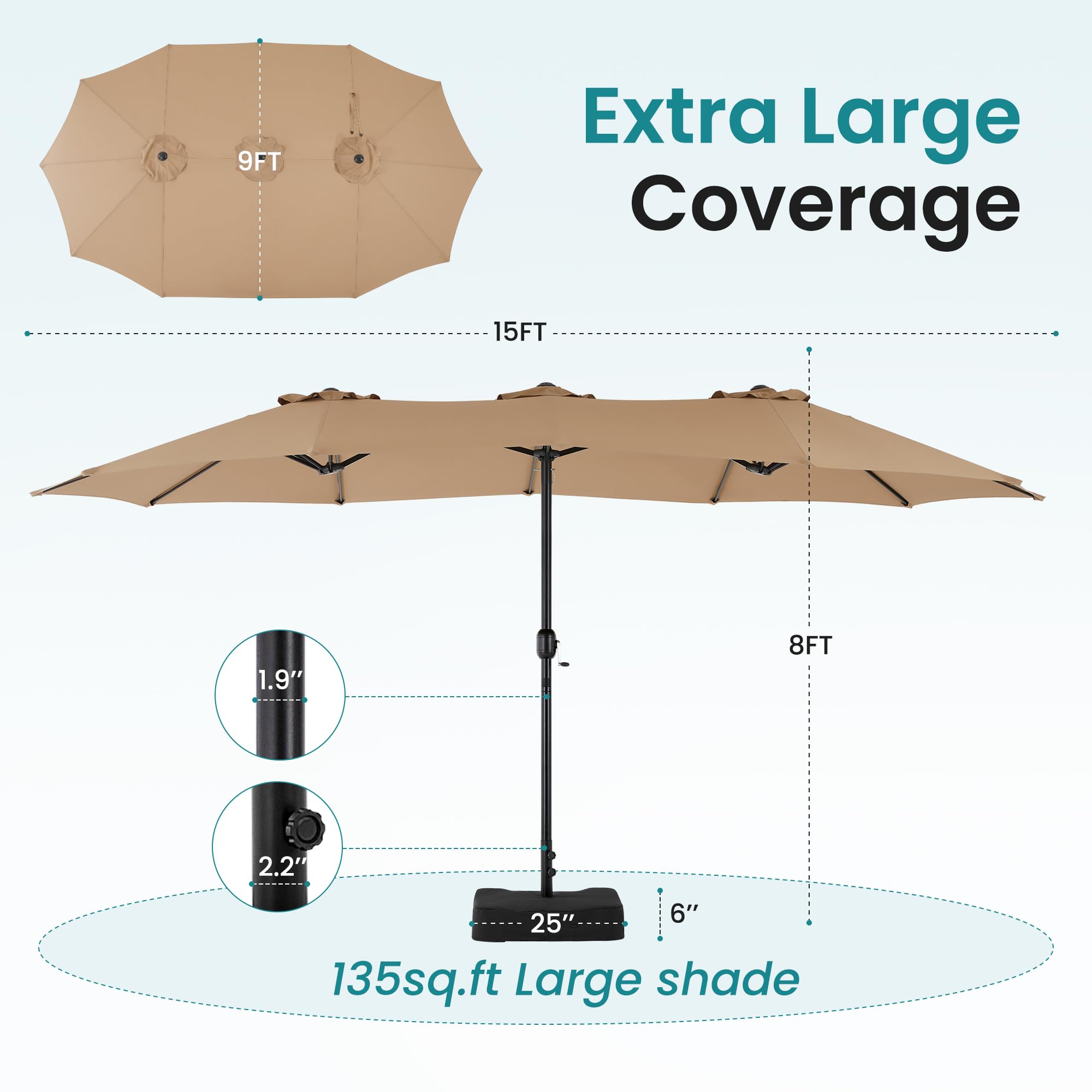 DUMOS 15FT Extra Large Patio Umbrella with Base Included, Rectangle Table Umbrella Outdoor Patio, 12 Sturdy Ribs Triple Head Canopy Outside Umbrellas for Deck, Market, Backyard and Poolside, Khaki