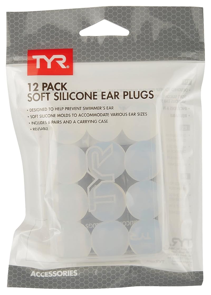 TYR Soft Silicone Swim Ear Plugs 12 Pack - 6 Pairs, Clear