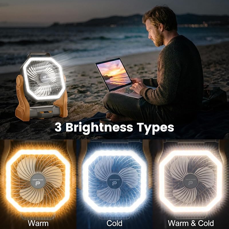 Odoland Portable Rechargeable Fan with 20000mAh Battery & LED Lantern - Brown