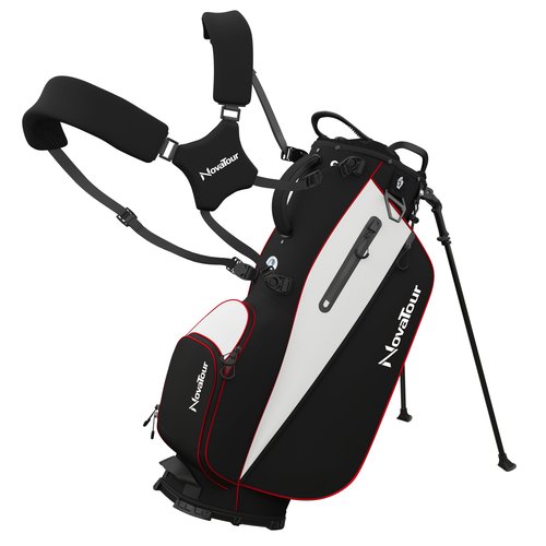 NovaTour Golf Stand Bag - Lightweight Golf Bag with Stand and 7 Way Dividers, Dual Strap, Waterproof Pocket, Insulated Sleeve, Easy-Lift Handles and Swing-Cam Holder (Ember Black/Red)