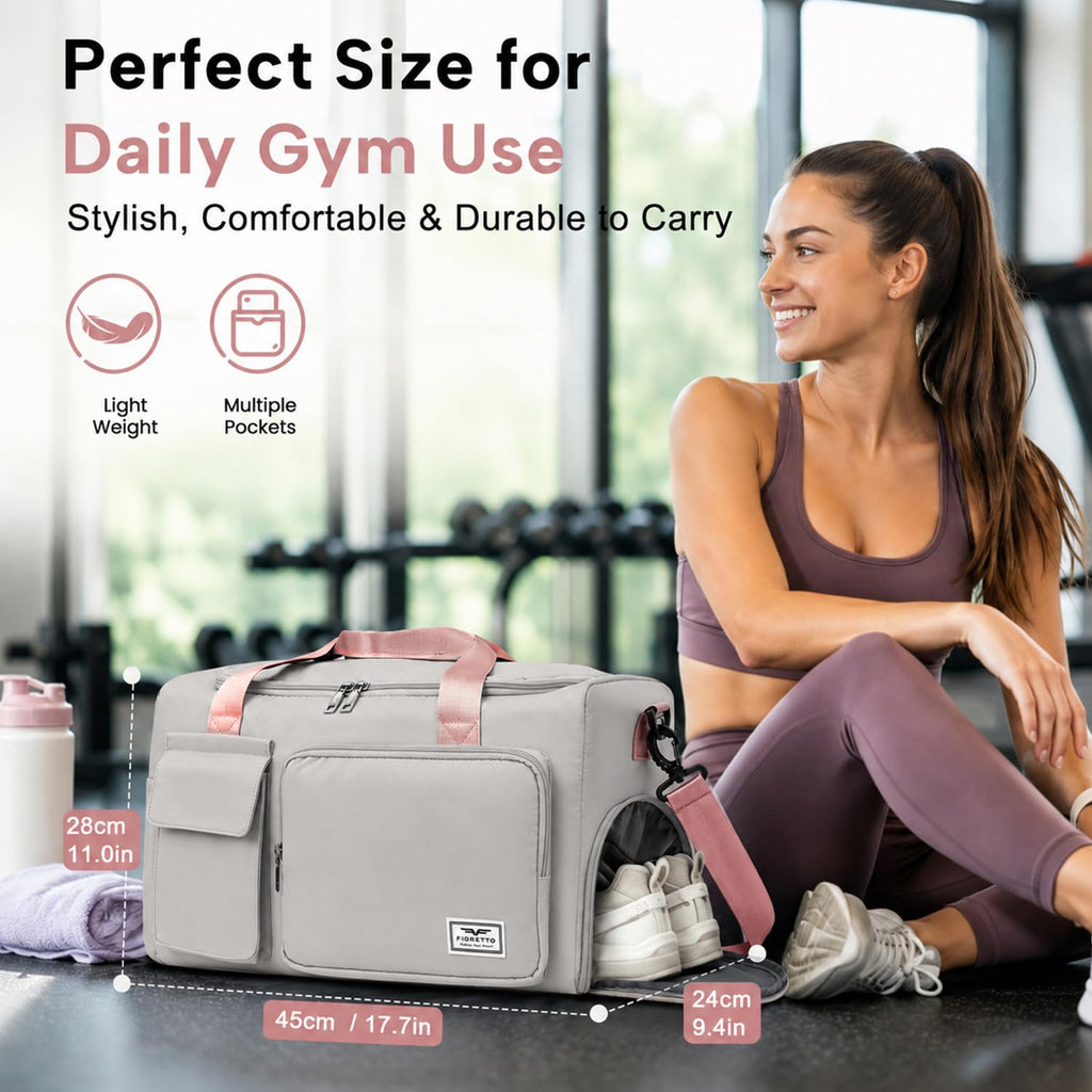 FIORETTO Women's Gym Duffle Bag with Shoes Compartment, 30L Capacity, Ideal for Travel, Gym, Sports, Duffel, Weekender, Grey & Pink