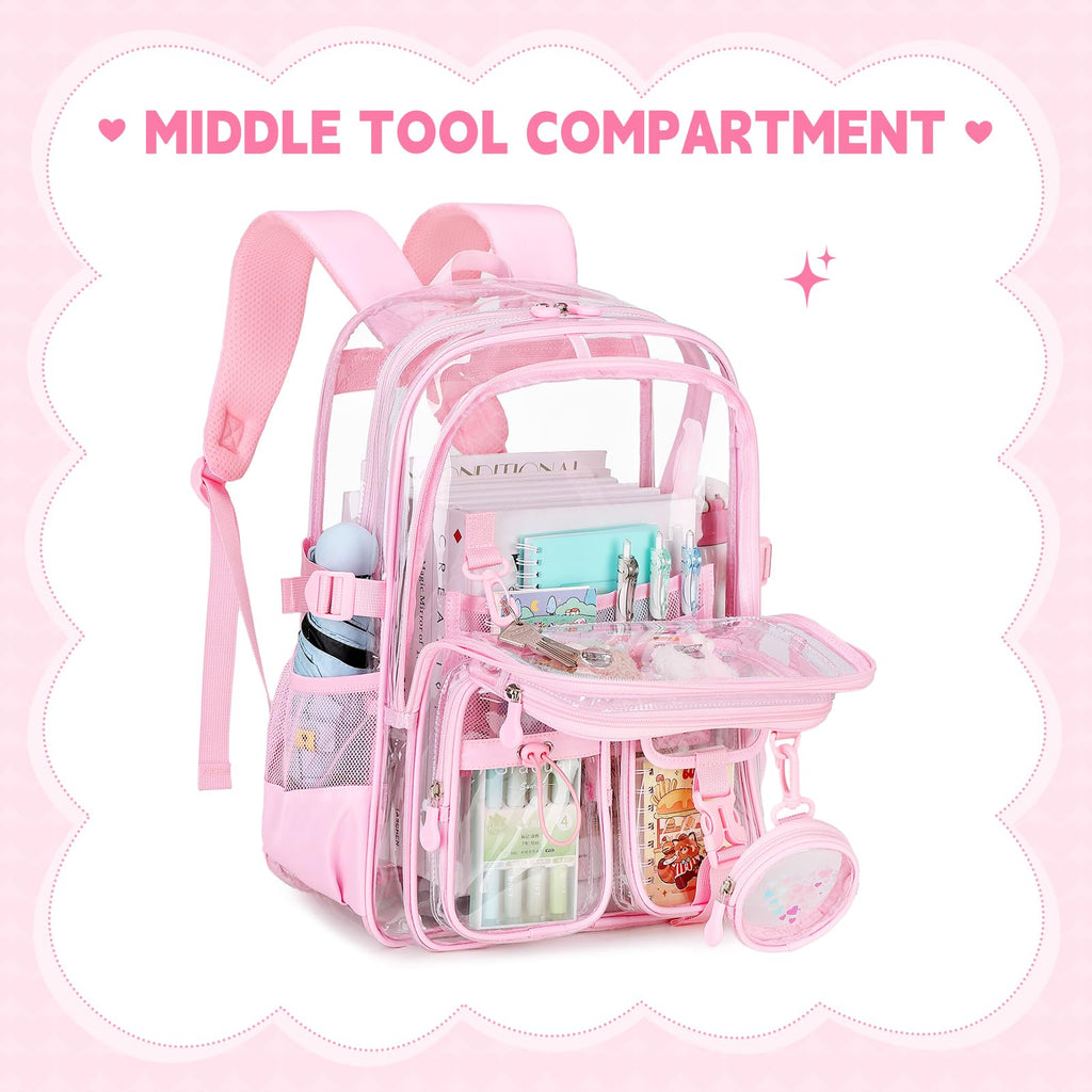 ASKSKY Clear Backpack for Girls School Clear Bookbag Stadium Events Heavy Duty Transparent Back Pack, Pink