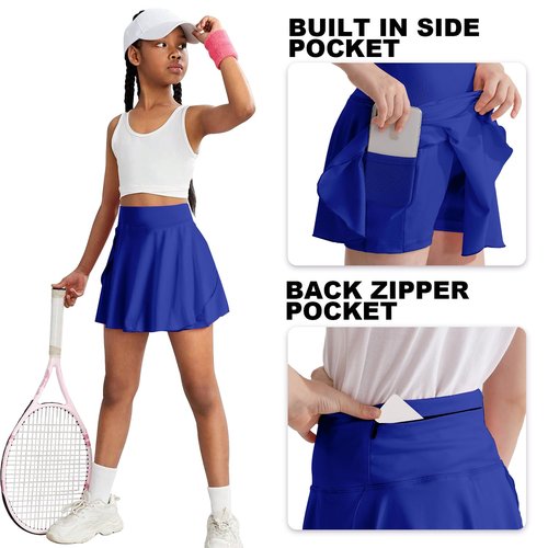 OEBLD Girls Athletic Skort High Waist Tennis Skirts with Shorts Butterfly Ruffle School Skirts with Pockets Royal Blue