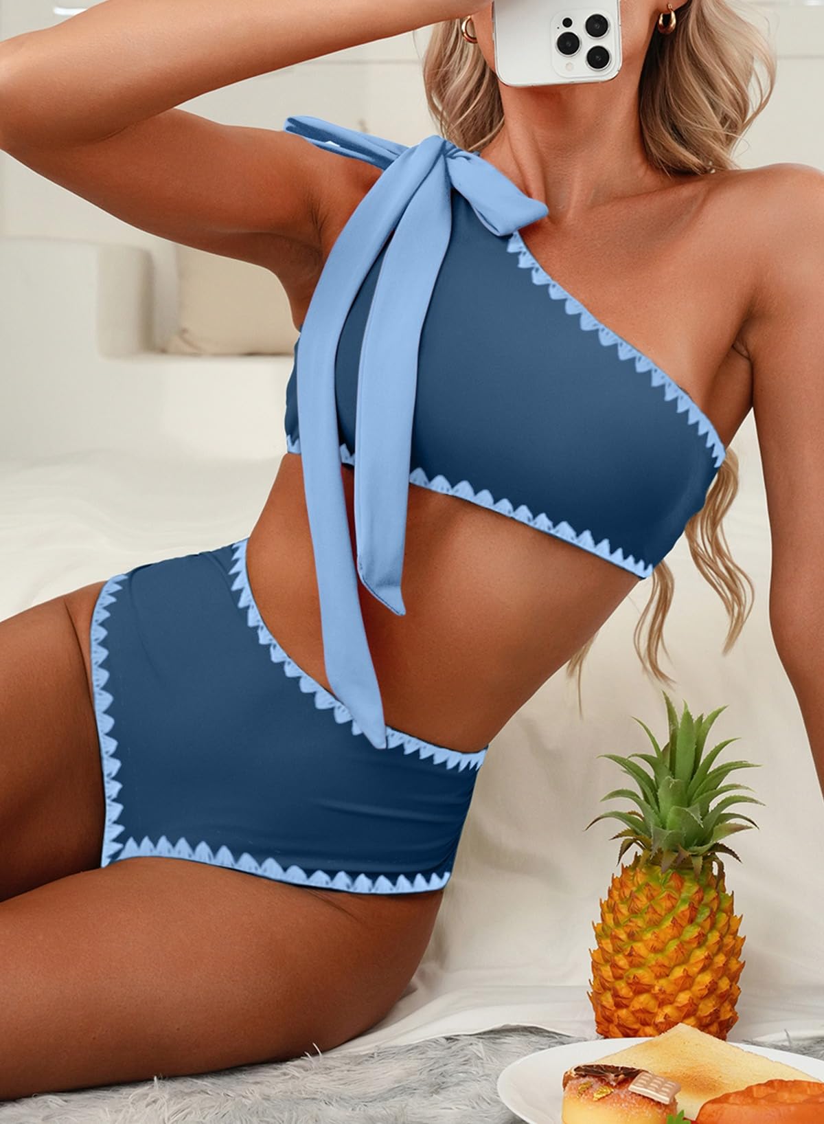 Herseas High Waisted Bikini Sets 2 Piece Swim Suits for Women One Shoulder Tie Swimsuit Wire Free Crocheted Trim Bathing Suit Blue Beach Vacation Essentails Medium