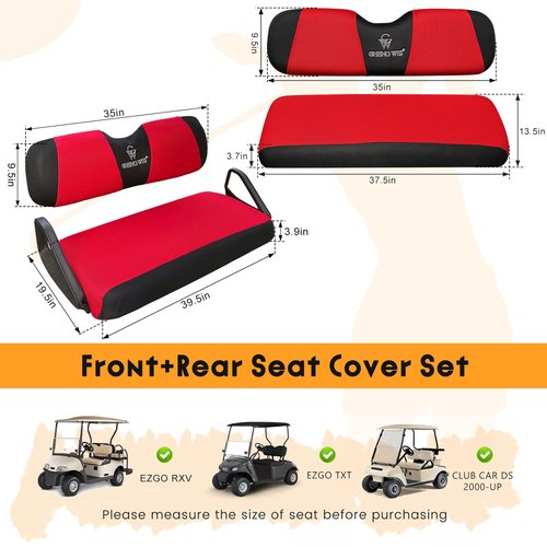 Golf Cart Seat Covers 2 PCS Front and Rear Seat Covers Sets for EZGO TXT RXV and Club Car DS 2000 and UP Standard Seat Cushion,Replacement Cooling Breathable Washable No Stapler Needed(Red& Black)