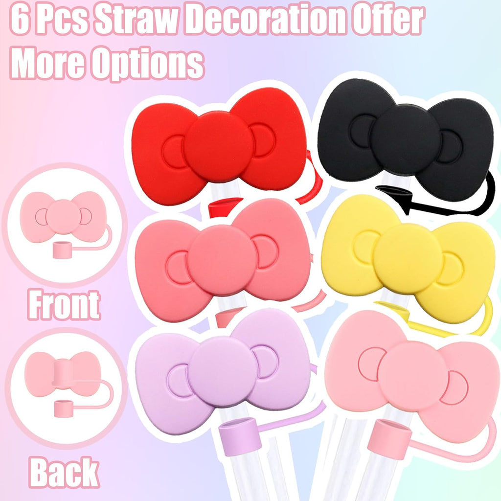 Skiennix Cute Bow Silicone Straw Toppers - 6 Bow-Shaped Covers for Stanley Cups 30 & 40 Oz Tumbler